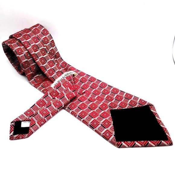 Vintage Men's Tie Burma Bibas Red Beige Geometric Square Pattern All Silk Tie - Picture 6 of 9